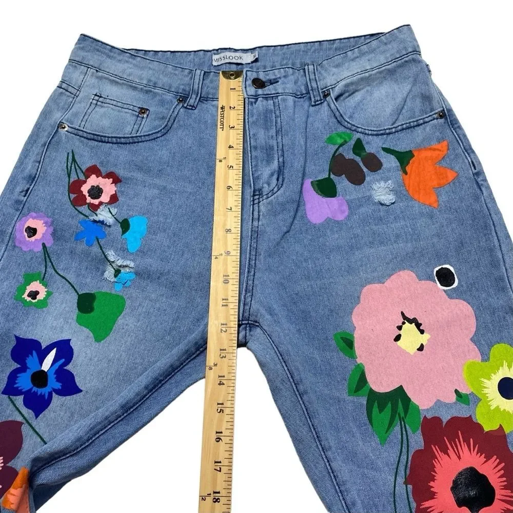 MISSLOOK Flower Power Bohemian Painted Jeans Floral Hippie Blue Sz XL - Picture 5 of 10